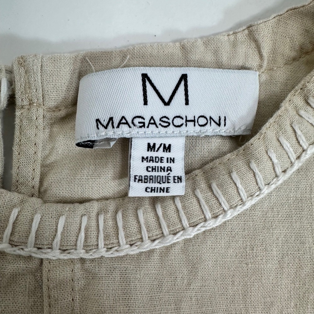 Magashoni Linen blend Sleeveless Tan Beige Midi Dress Embroidered Trim size med - Picture 7 of 9